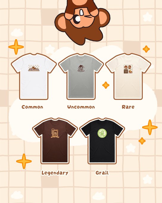 A promotional graphic displays five t-shirts in tiers labeled Common, Uncommon, Rare, Legendary, and Grail, beneath a cartoon monkey character.