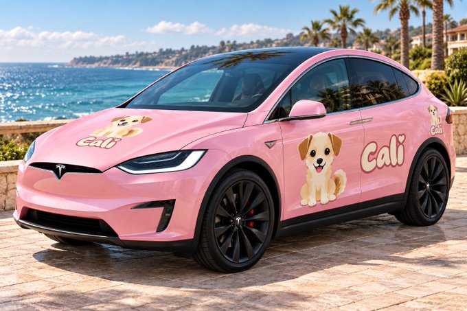 A pink Tesla Model X SUV with custom graphics of a dog and the name 'Cali' parked near a coastal scene with palm trees and ocean view.