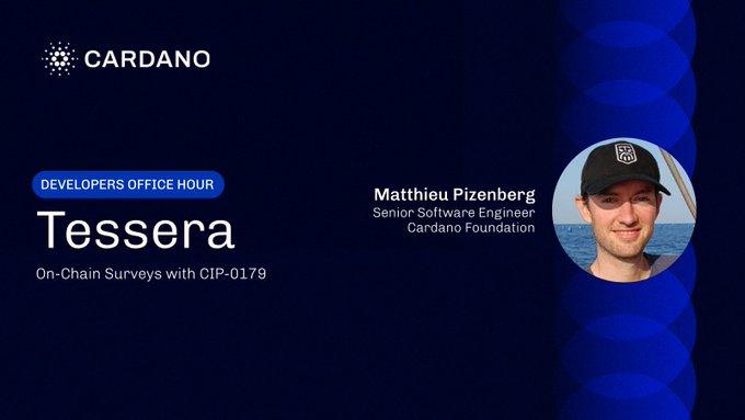 A Cardano Developer Office Hours promotional slide featuring the Cardano logo, titled "Tessera: On-Chain Surveys with CIP-0179," introducing presenter Matthieu Pizenberg, Senior Software Engineer at the Cardano Foundation. The image directly relates to the post by promoting the upcoming session where Matthieu will discuss Tessera, an on-chain survey tool.