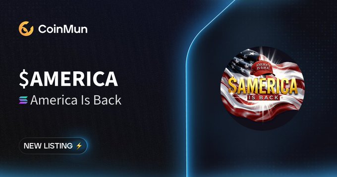 The image features a poster for an advertisement that reads "America Is Back" with an American flag design, and it's promoting a cryptocurrency called "America Is Back". The poster also includes a link to a new listing of coins named "America Is Back", which is posted on CoinMun.com/coins/america- @solana #crypto.