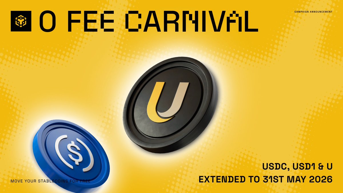 The image features a banner with two coins on it - one black and one blue, both of which are labeled "U" or "UDC". The text on the banner reads "0- Fee Carnival", indicating that this event is taking place in the form of an online carnival where users can play games for money. The post also mentions that the carnival will continue through June and extend to 31st May 2026, with a focus on USDC & USD1.