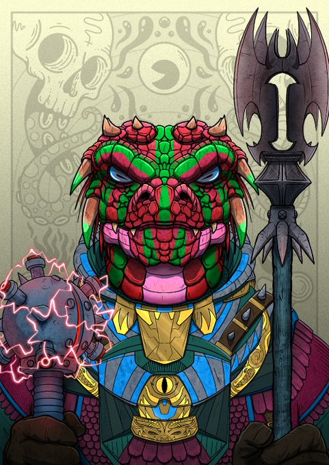 A vibrant digital illustration of a reptilian humanoid warrior with red and green scaled skin, holding an electric orb weapon in one hand and a polearm in the other, set against a faded skull and tentacle background.