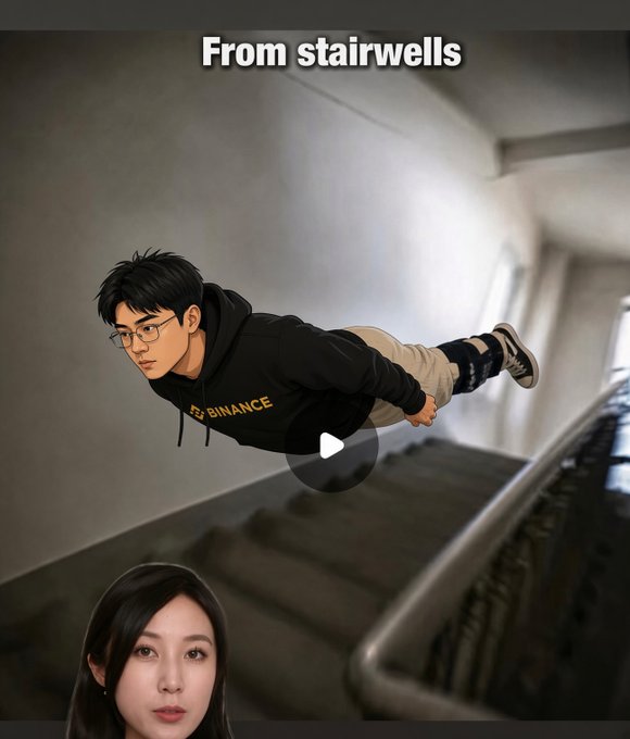 A meme-style image features a young man in a black 'BINANCE' hoodie flying horizontally through a stairwell, with the text 'From stairwells' and a small face in the corner.