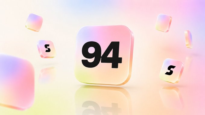 A glossy 3D graphic shows a large rounded tile marked “94,” surrounded by smaller “S” tiles, with soft pastel colors and reflections. The image visually represents the post’s claim of “Ninety four nodes” and references the “$SITOWISE” token.