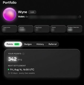 The image shows a portfolio dashboard for user "Wyne" with an empty wallet, displaying 342 points and noting the next settlement on Fri, Aug 14, 16:00 UTC. This relates to the Axis Robotics snapshot announcement, emphasizing the need to sign up before the points calculation snapshot to qualify for distribution.