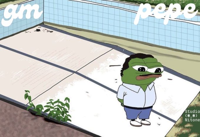 An animated cartoon titled 'gun pepe' by Studio Nitone, featuring a green Pepe-style frog character in a white shirt standing next to an empty pool with gum stuck on the tiles.