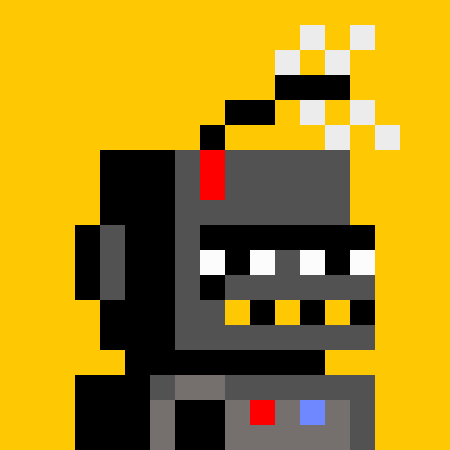 A pixel art image of a character with a black cap, a red eye, sharp teeth, and a wide grin on a yellow background, resembling a Five Nights at Freddy's animatronic style.