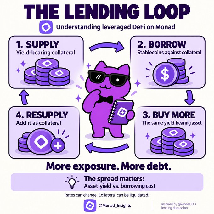 An infographic titled 'THE LENDING LOOP' explaining leveraged DeFi on Monad, featuring a purple cat character in sunglasses illustrating a 4-step cycle: Supply, Borrow, Buy More, and Resupply.