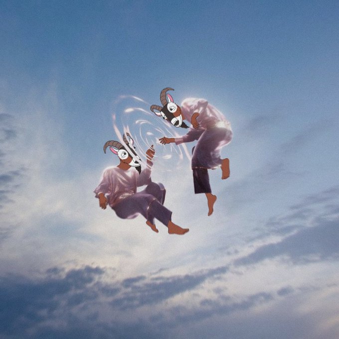 Two figures wearing GOAT masks float and reach toward each other mid-air against a cloudy sky, with swirling energy between them, visually representing the post's theme of "GOAT recognizes GOAT" — a mutual meeting of greatness in an ethereal, surreal setting.