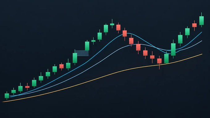A candlestick price chart with moving average lines shows a stock's price action featuring an uptrend, a pullback that holds above a key moving average, and a subsequent breakout to new highs—visually illustrating the simple technical analysis approach (using moving averages for entries/exits) applied to $NBIS in real time.