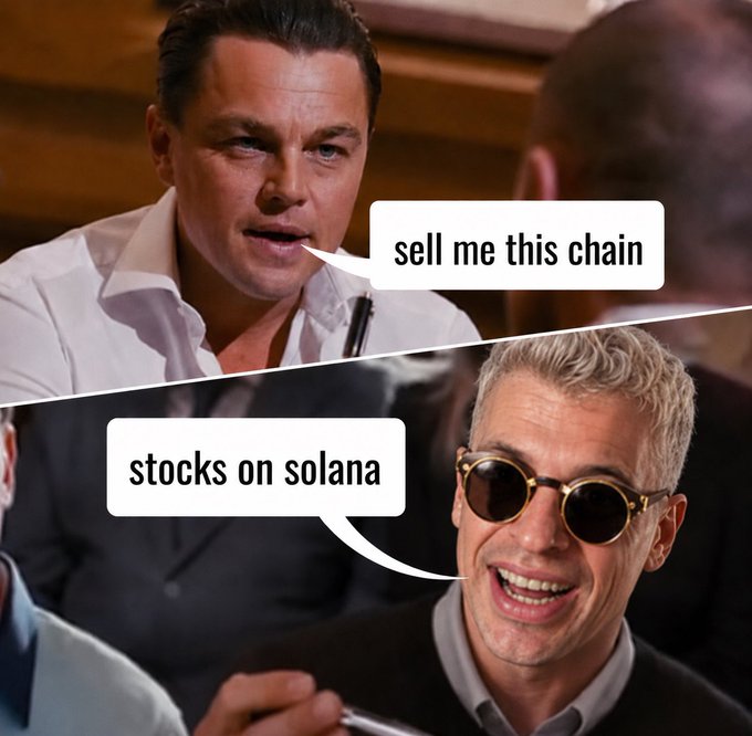 A meme using the 'sell me this pen' scene from Wolf of Wall Street, with Leonardo DiCaprio saying 'sell me this chain' and the salesman responding 'stocks on solana'.