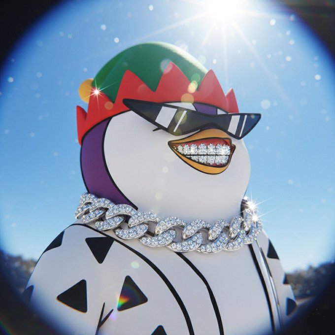 The image features a cartoon penguin wearing sunglasses and a green hat with a red pompom. The penguin has a chain necklace around its neck that is covered in diamonds, giving it an elegant and stylish appearance. The background of the image shows a blue sky with white clouds, providing a beautiful contrast to the colorful attire of the penguin.