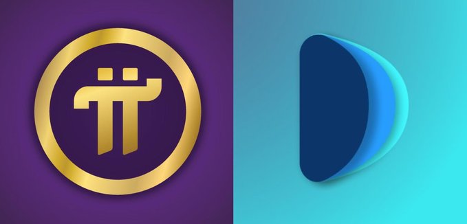 A split image showing the Pi Network (Pi) cryptocurrency logo in gold on a purple background on the left, and an abstract blue 3D shape on a teal background on the right.