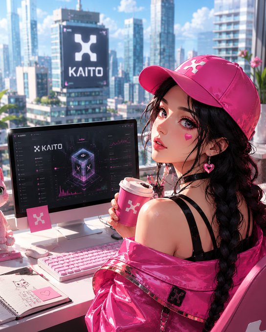 An anime-style illustration of a girl in a pink cap and jacket holding a pink coffee cup, with a computer screen and building displaying "KAITO" behind her.