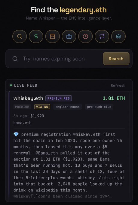 A screenshot of the legendary.eth website titled 'Find the legendary.eth — Name Whisper — the ENS intelligence layer', featuring a live feed entry for 'whiskey.eth' sold for 1.01 ETH.