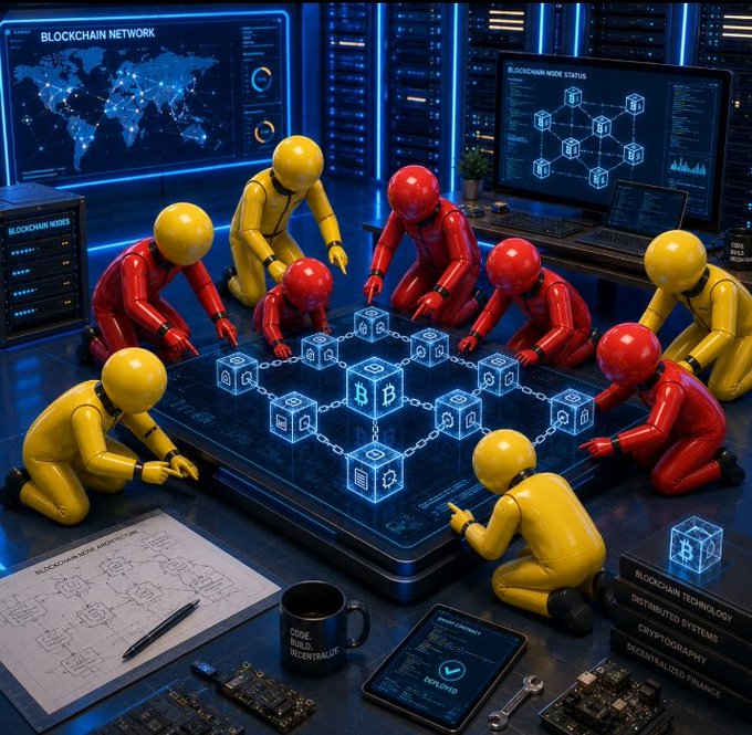 A futuristic scene shows multiple workers in red and yellow hazmat-style suits gathered around a holographic blockchain network display, with monitors showing 'BLOCKCHAIN NETWORK' maps and 'BLOCKCHAIN NODE STATUS' diagrams, alongside books labeled 'BLOCKCHAIN TECHNOLOGY', 'DISTRIBUTED SYSTEMS', 'CRYPTOCURRENCY', and 'DECENTRALIZED FINANCE'.