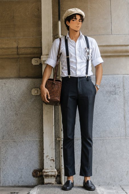 A young man leans against a weathered stone wall, dressed in classic vintage style with a beige flat cap, white button-up shirt, dark suspenders, black trousers, and polished loafers, while holding a brown leather satchel—perfectly capturing the "old school" Thursday morning aesthetic.