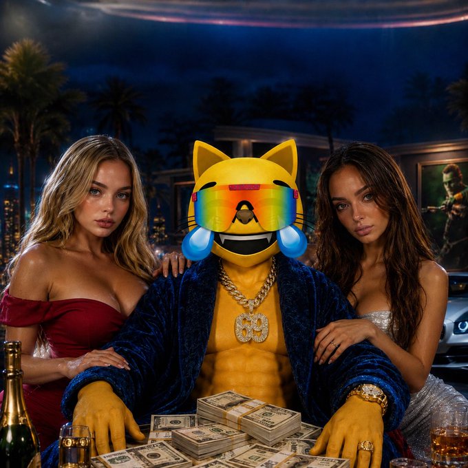 An AI-generated image depicting a muscular cat character with a colorful visor, gold chains, and money on the table, flanked by two women in a luxurious night-time setting.