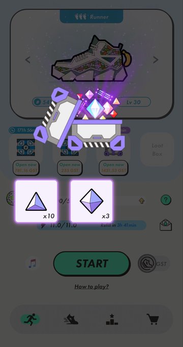 A mobile game interface shows a sneaker NFT labeled 'Runner Lv 30' above a glowing chest revealing crystals, with x10 and x3 crystal icons displayed below and a green 'START' button.