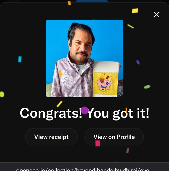 A confetti-strewn 'Congrats! You got it!' screen showing a man holding a signed artwork featuring a pink Nyan Cat-style character, with buttons to 'View receipt' and 'View on Profile'.