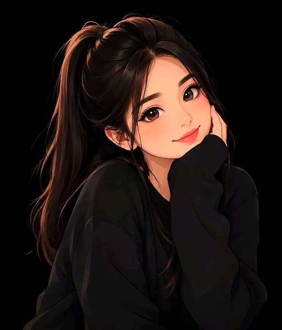 An illustrated portrait of a smiling young woman with long dark hair tied in a high ponytail, wearing a black top against a black background.