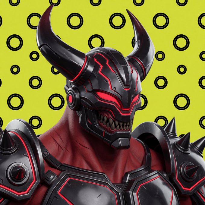 A menacing armored demon warrior with large curved black horns, glowing red eyes, and spiked shoulder armor stands against a bright yellow background patterned with black circles, fitting the reveal theme of the Robinh00d Legends NFT collection's "7 distinctive classes" featuring unique characters.