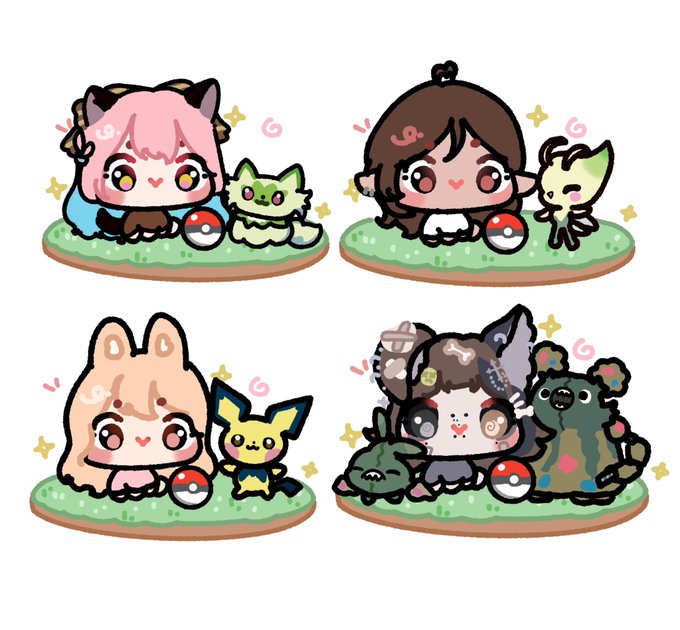 Four chibi-style cartoon characters, each paired with a Pokémon (Pikachu, Shaymin, Pikachu, and Bulbasaur) and a Pokéball on grass bases.