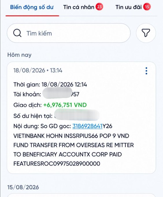 A Vietnamese banking app notification displays a transaction history with a deposit of +6,976,751 VND from VIETINBANK for an overseas fund transfer.