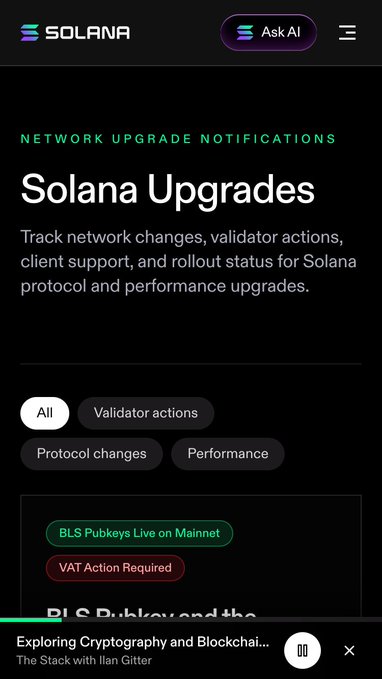 Mobile screenshot of Solana's 'Network Upgrade Notifications' page featuring tags for Validator actions, Protocol changes, and Performance, with a 'BLS Pubkeys Live on Mainnet' notification.
