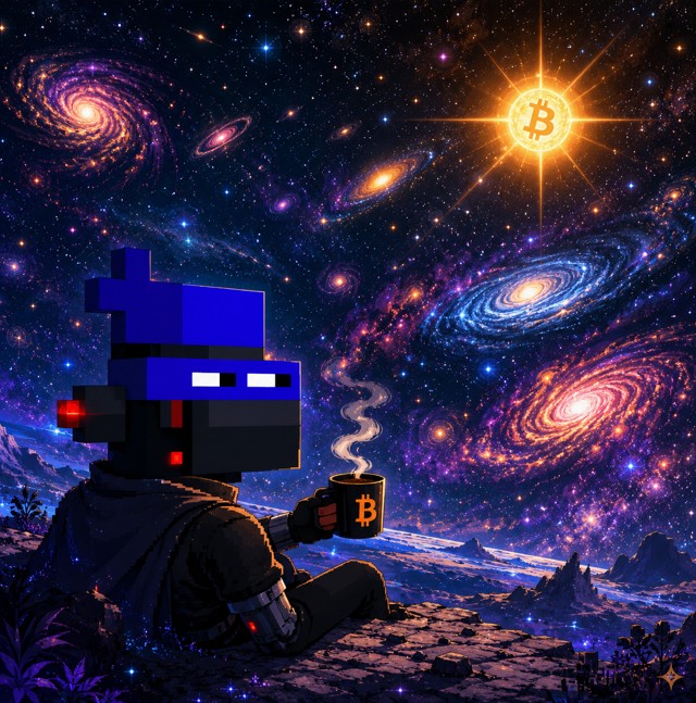 A stylized digital illustration of a pixel-art robotic figure wearing a Bitcoin hat, holding a mug with the Bitcoin 'B' logo, set against a vibrant cosmic backdrop of swirling galaxies and a glowing Bitcoin sun.