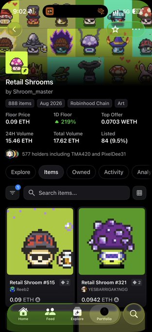 The image shows a mobile app screen displaying the "Retail Shrooms" NFT collection by Shroom_master on Robinhood Chain, with 888 items, a floor price of 0.09 ETH, 24H volume of 15.46 ETH, and 577 holders. The minimalist caption "Oh" humorously suggests a reaction to the high prices and stats shown for these pixelated mushroom-themed NFT items.
