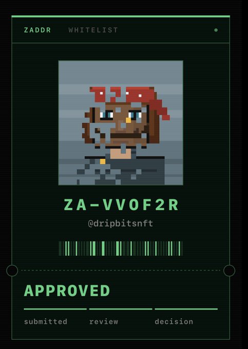 A digital whitelist approval card from "ZADDR" displays the code "ZA-VVOF2R" alongside a pixelated crab artwork for the NFT project "@dripbitsnft," showing the status as "APPROVED" with submitted, review, and decision stages. The card visually represents the kind of whitelist nomination the poster is offering to two commenters in exchange for engagement on their post.