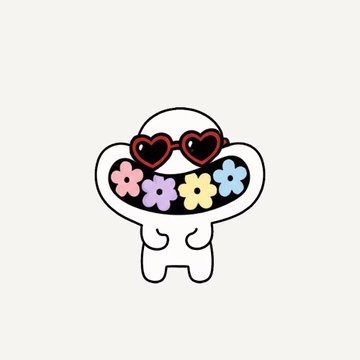 A cute cartoon sticker of a white character with a black face wearing heart-shaped red sunglasses and a colorful flower necklace against a white background.