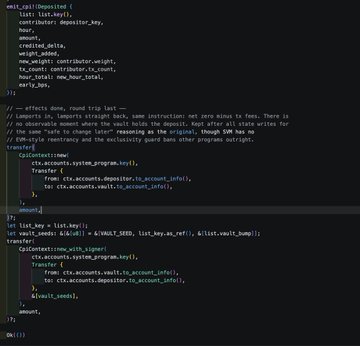Screenshot of code showing an EOS smart contract implementation with list_keys and transfer actions in Rust/C++.