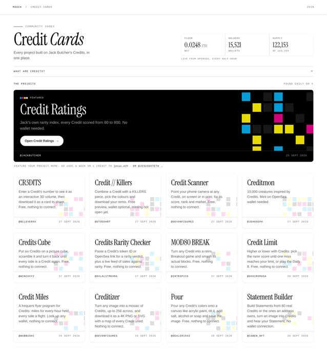 A screenshot of a website titled 'Credit Cards' displaying a community index with 847 Floor, 15,521 Holders, and 122,153 Supply, featuring various project cards like 'CREDITS' and 'Credit Scanner'.