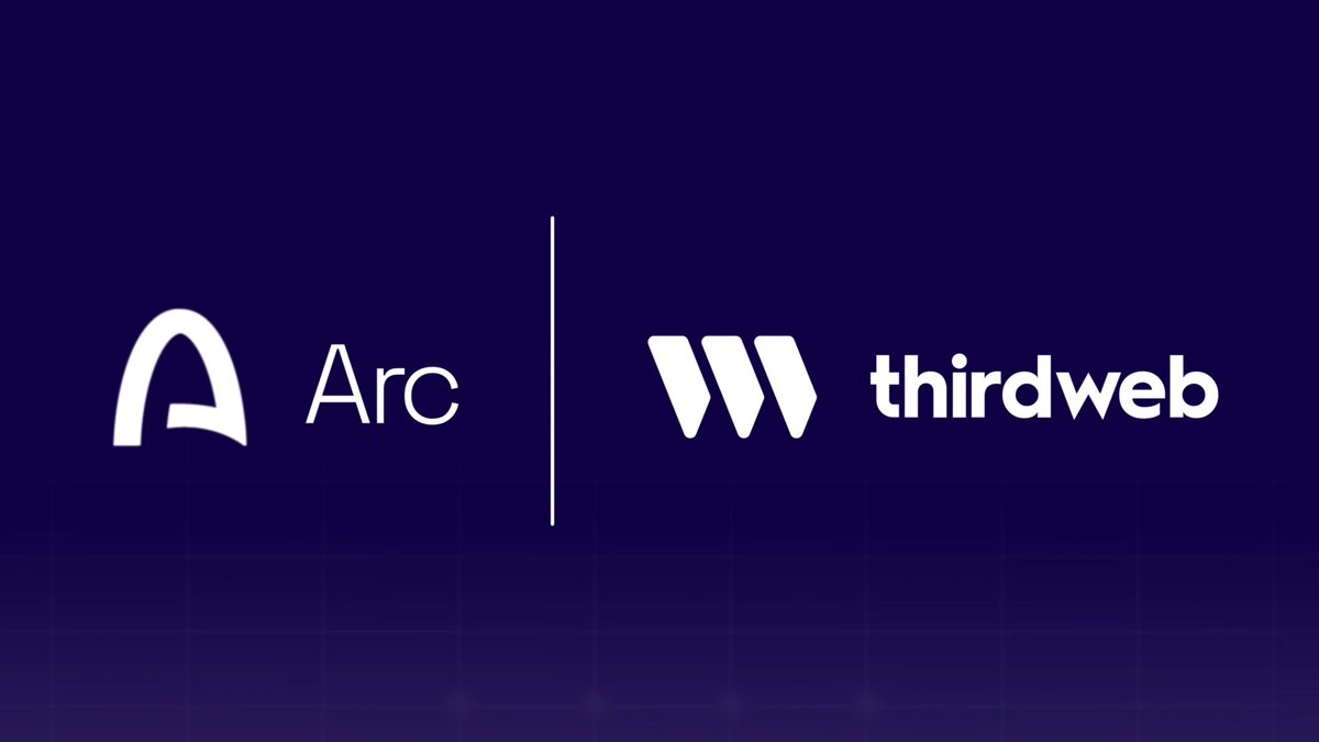 The image displays the logos of "Arc" and "thirdweb" side by side on a dark navy background, separated by a thin vertical line, visually representing the partnership highlighted in the post about thirdweb's web3 infrastructure tools being integrated with the Arc testnet.