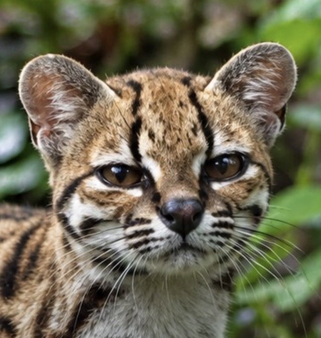 A close-up of a margay, a wild spotted cat native to Central and South America, with striking amber eyes and intricate markings, gazing directly at the camera against a lush green background. The image appears unrelated to the post about Bitget potentially being hacked for over $100M, possibly serving as a visually striking but thematically disconnected illustration.