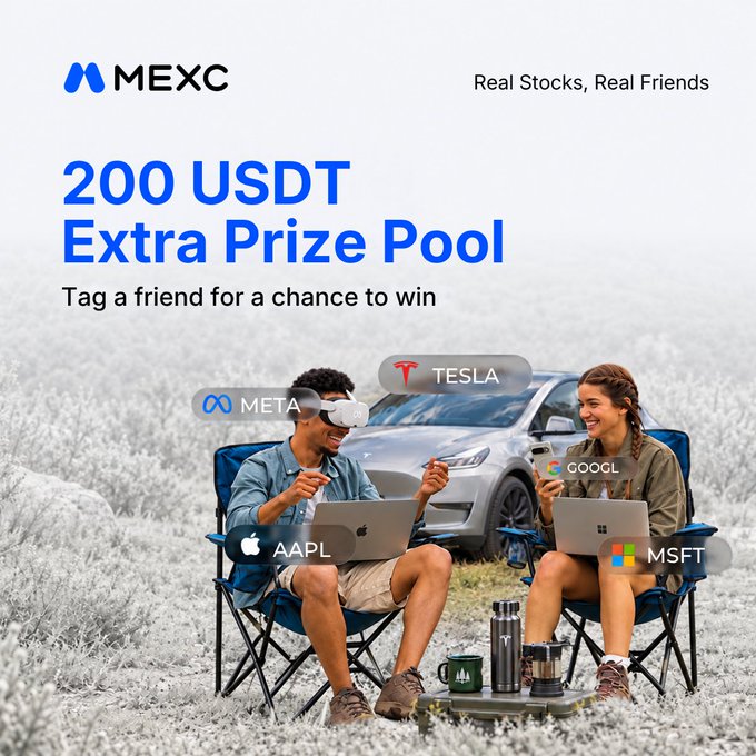 A MEXC promotional graphic offering a 200 USDT extra prize pool for tagging a friend to join the "Real Stocks, Real Friends" campaign, featuring a smiling man with a VR headset and woman on laptops in camping chairs beside a car, surrounded by floating tags for AAPL, META, TSLA, GOOGL, and MSFT—visually reinforcing the post's invitation to bring a friend into real stock trading for a chance to win.