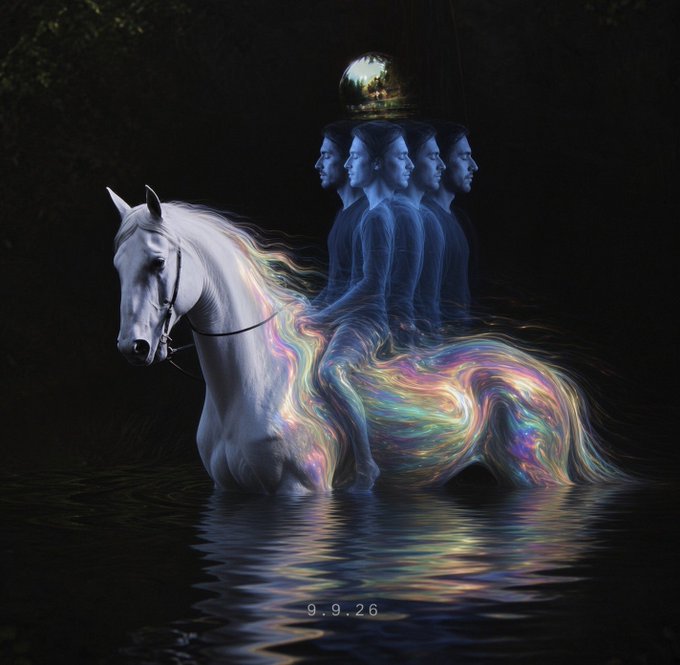 A surreal digital artwork showing a white horse standing in water with a rainbow-colored ethereal mane and tail, ridden by a row of identical blue figures beneath a circular portal, dated '9.9.26.'