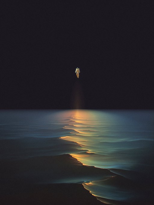 A moody, low-light photograph of a person floating or flying above a dark beach, with the moon casting a glowing reflection across the rippled sand and water.