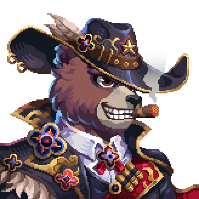 A pixel art illustration of an anthropomorphic bear wearing an ornate dark cowboy hat with a star, a decorated jacket with floral and star pins, and smoking a cigar.