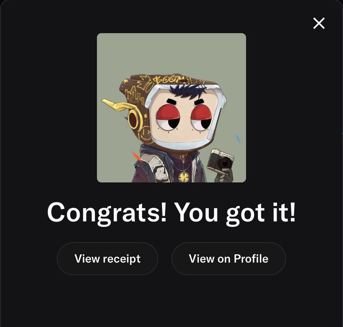 A notification screen displays "Congrats! You got it!" alongside a cartoon character in ornate gold and dark robes, with options to "View receipt" or "View on Profile," confirming the user's successful acquisition of the Blokyz NFT for 0.08E mentioned in their Sunday family-day post.