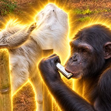 A digitally manipulated image showing a chimpanzee eating a banana with glowing golden auras surrounding it, alongside a light-colored gorilla in the background.