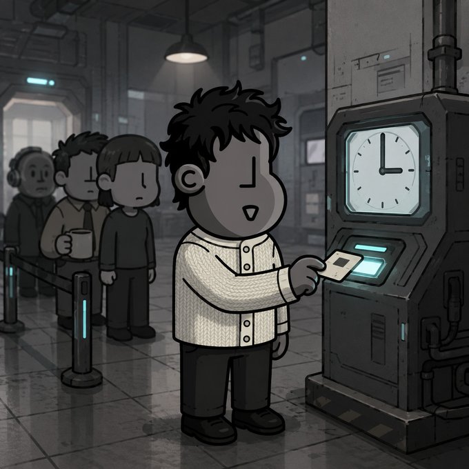 A cartoon-style digital illustration in monochrome with teal accents depicts a person tapping a card on a futuristic time-clock machine, with a line of coworkers waiting behind them in a bleak, industrial corridor.
