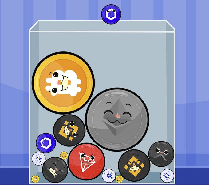A cartoon illustration of a glass jar filled with various cryptocurrency coins (including a large Dogecoin) with a Polygon token graphic on the lid.