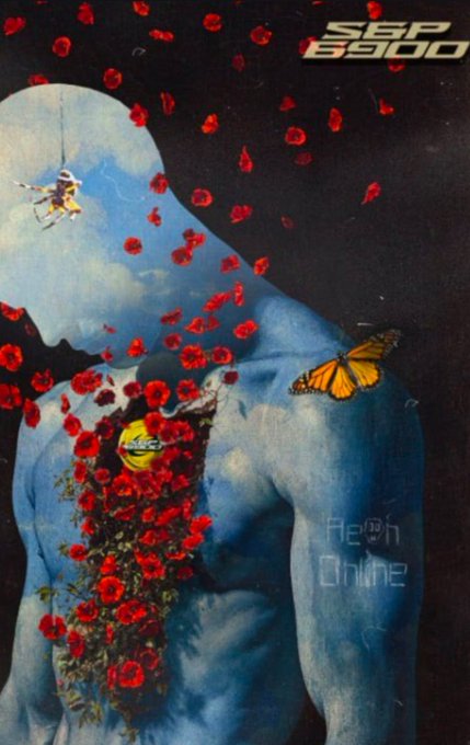 An album cover featuring a blue muscular torso with red flowers blooming from the chest, a yellow smiley face, and a butterfly, labeled 'S&P 6500' and 'Reech Online'.