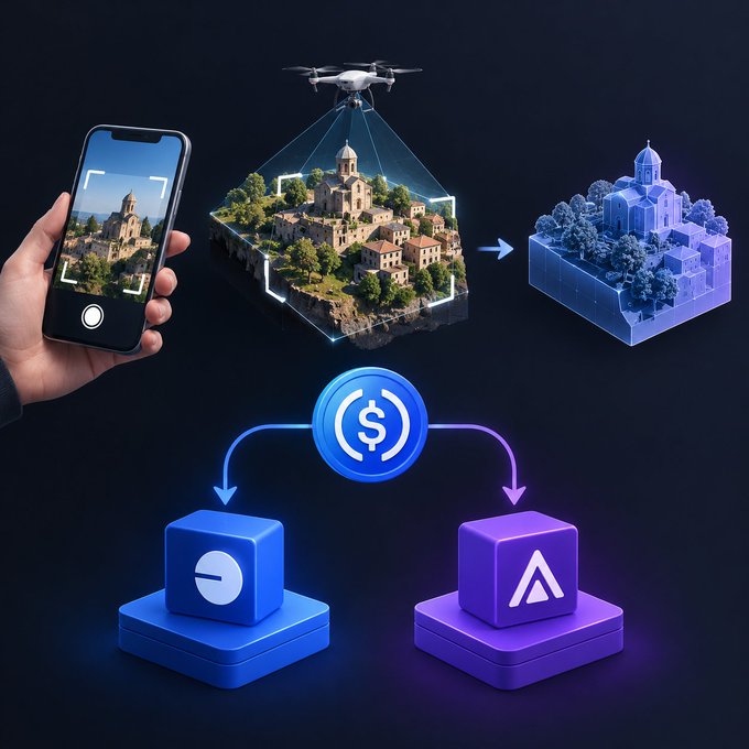 A conceptual illustration showing a hand scanning a town with a smartphone and drone, which converts into a 3D wireframe model that then splits into two separate digital cubes connected by a central dollar-sign icon.