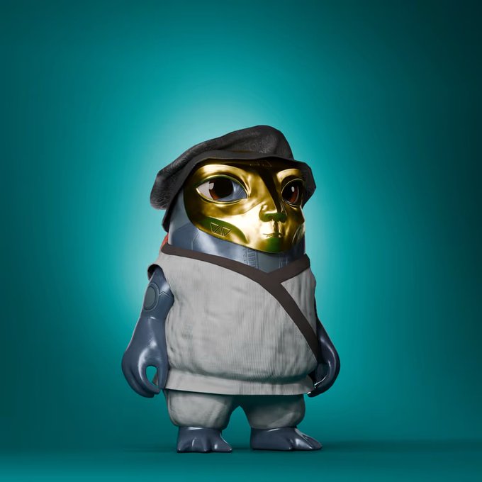 A 3D-rendered character with a metallic gold mask, gray beret, and white tunic stands against a teal background.