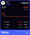 A Fomo app screen showing the Tesla (TSLA) stock price at $339.91, with a $1.33 loss (-0.39%) and a small funding transaction at the bottom. It illustrates the poster's quick, FOMO-driven trade funded through Cashi, echoing their theme of impulsive memecoin chasing.