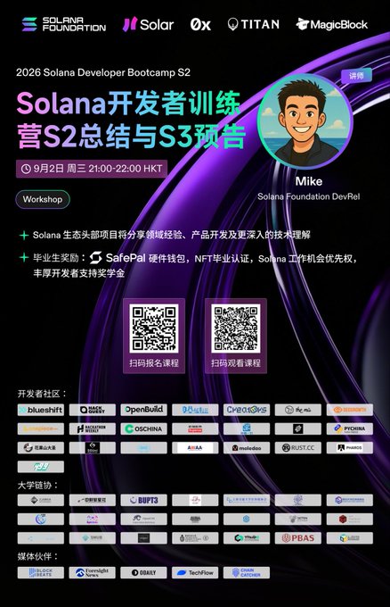 The image is a promotional poster for the "2026 Solana Developer Bootcamp S2," advertising a September 2nd workshop session from 21:00-22:00 HKT featuring Solana Foundation DevRel Mike summarizing the season and previewing S3. It includes sponsor logos (Solar, 0x, Titan, MagicBlock), details about graduate perks like SafePal hardware wallets and NFT certifications, two QR codes for sign-up, and a comprehensive list of developer community, university, and media partners supporting the bootcamp.